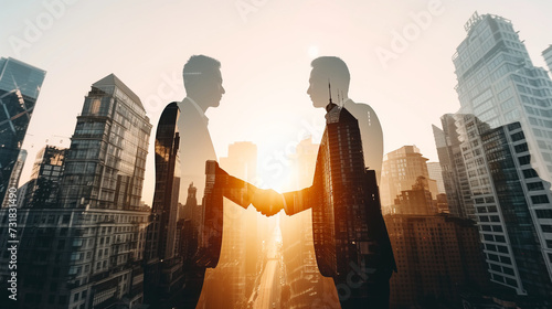 Concept of partnership and social connection. Shaking hands with business background.