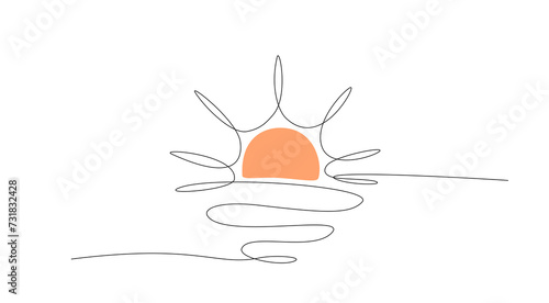 Continuous one line drawing of Sunset on seaside, ocean. Sunrise single line drawing. Sun view vector illustration in linear style. Sunset and sunrise outline for design. Editable stroke