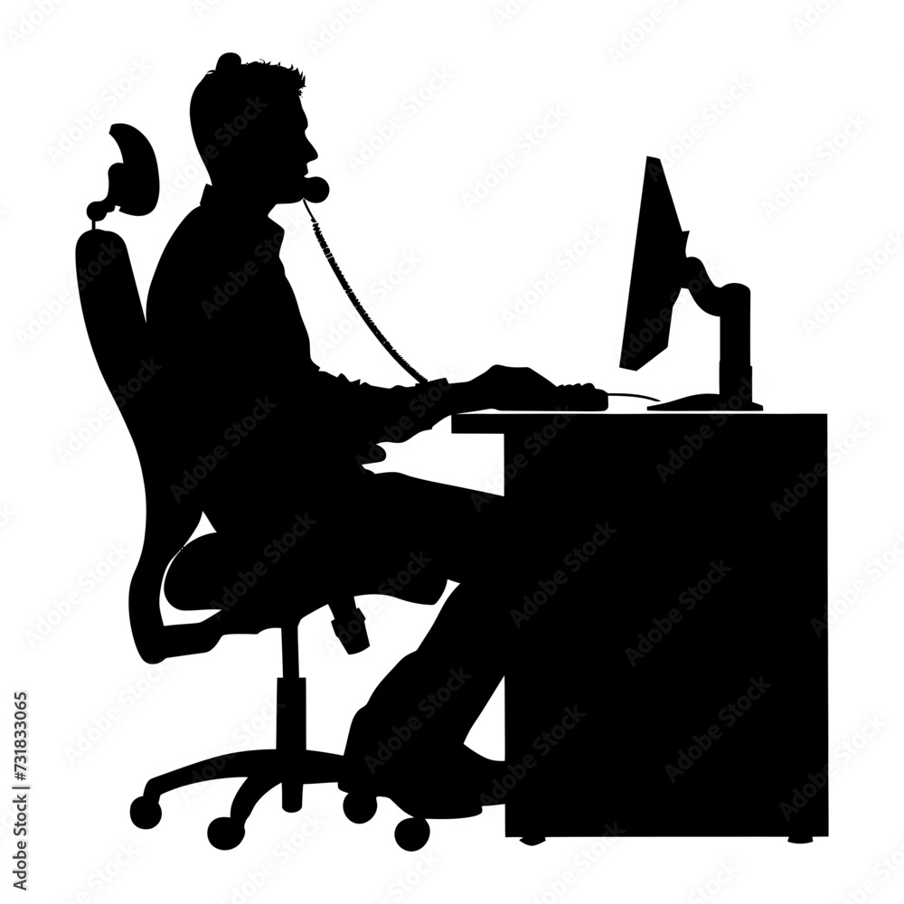 Silhouette busy customer service or call center officer black color only Silhouette busy customer service or call center officer black color only
