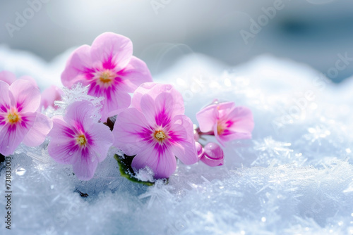 Beautiful Scene of Spring Flowers Blooming on Top of Snow. Portrays Meeting of Winter and Spring.