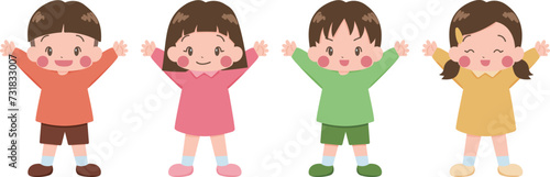 手を上げている元気な子供たち