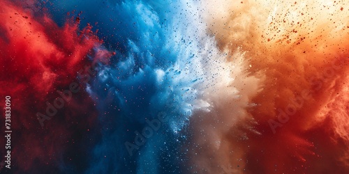 Vibrant tricolor French flag bursting with blue, white, and red holi paint on a separate backdrop; representing France, Europe, festivities, football, and sightseeing. photo
