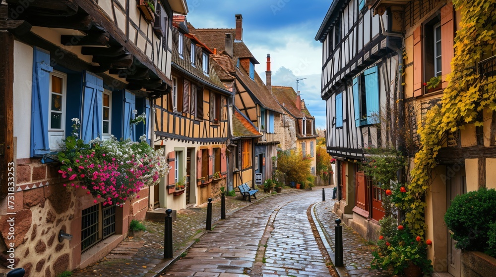Vibrant historic half-timbered dwellings in picturesque French village.