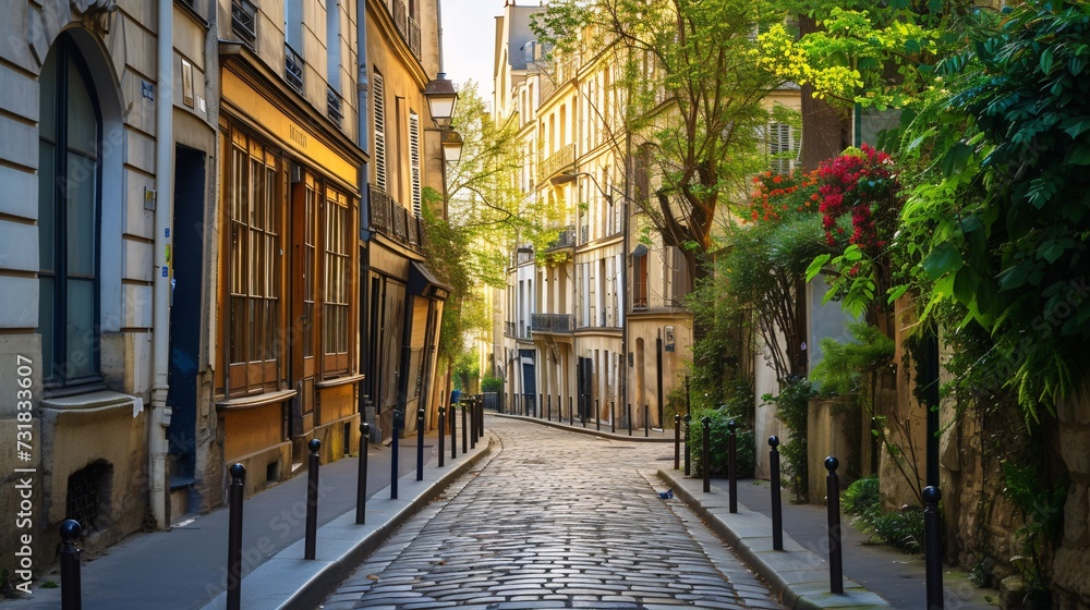 Fototapeta premium Quaint Parisian neighborhood filled with beautiful buildings and iconic sights.