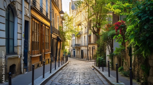 Quaint Parisian neighborhood filled with beautiful buildings and iconic sights.
