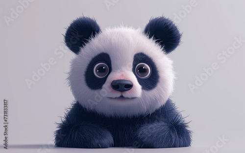 Panda Bear Close-up, clean background, half body, seems scary. Oso Panda vista de medio cuerpo, las patas sobre un apoyo, sonriente, ojos tiernos, dulzura, blanco y negro, orejas rosadas, fondo gris.  photo