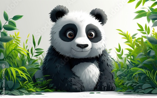 Panda Bear illustration, White and green background, full body, seems happy. Oso Panda cuerpo completo, sonriente, blanco y negro, fondo blanco, follaje verde, bambú.  photo