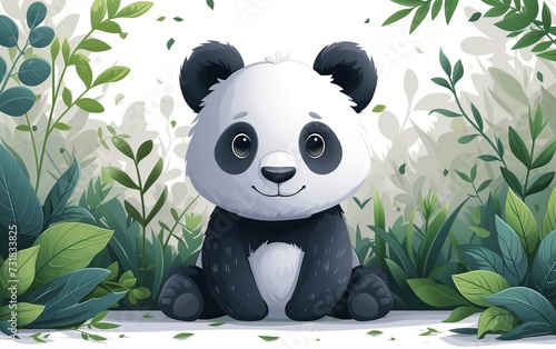 Osito Panda cuerpo completo, sonriente, ojos tiernos, dulzura, blanco y negro, fondo verde blanco gris claro. Panda Bear Close-up, clean background, 3D animation. photo