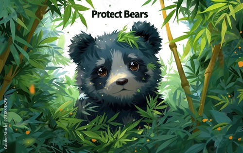 Baby Panda bear Close-up, clean background, half body, seems sad, needs protection, illustration of a bambú forest. Oso Panda visto medio cuerpo, parece triste, texto, protege a los osos. Verde bambú  photo