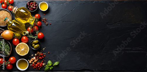 Food background. Top view of olive oil, cherry tomato, herbs and spices on rustic black slate. Colorful food ingredients border. AI generated photo
