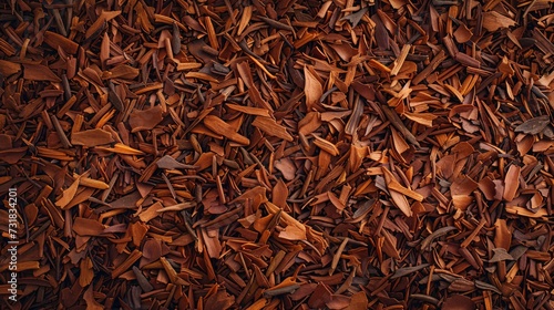 Closeup of textured background made from dried red rooibos tea leaves. photo