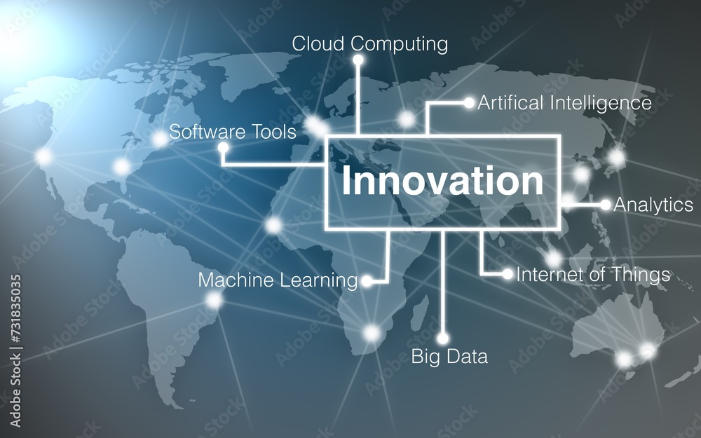 Innovation, concept of Digital transformation as the process of adoption and implementation of digital technology, cloud, software, internet, big data, machine learning, artificial intelligence