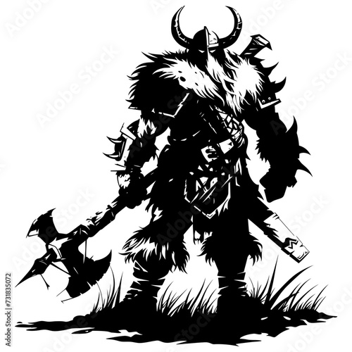 Silhouette viking warrior in mmorpg game black color only