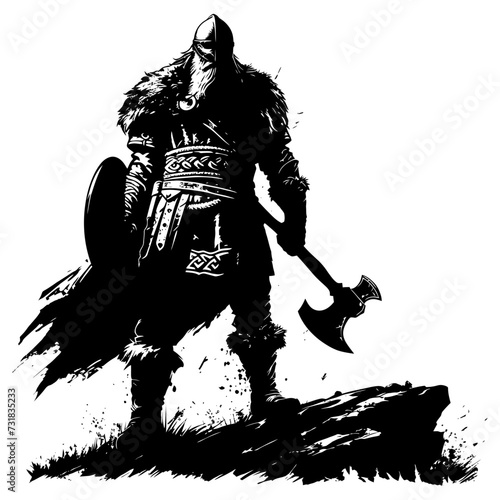 Silhouette viking warrior in mmorpg game black color only