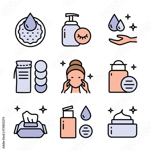 Makeup removal and skin care icons set. Simple style icons. Vector illustration isolated on white background