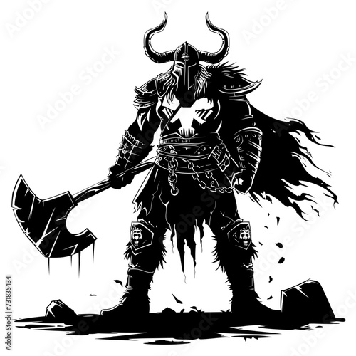Silhouette viking warrior in mmorpg game black color only