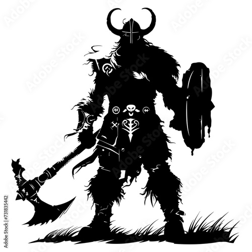 Silhouette viking warrior in mmorpg game black color only