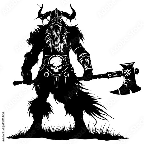 Silhouette viking warrior in mmorpg game black color only