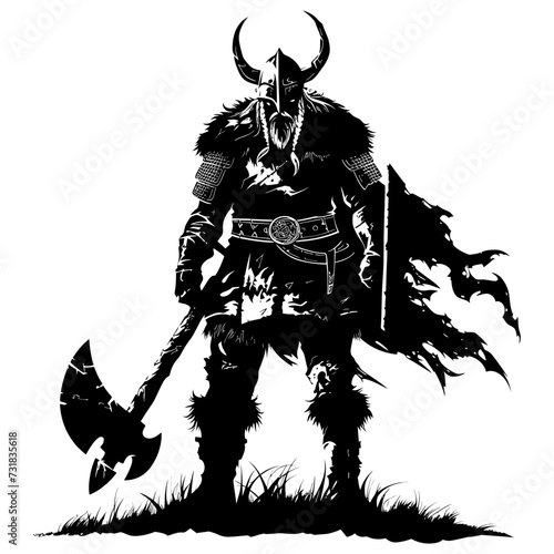 Silhouette viking warrior in mmorpg game black color only
