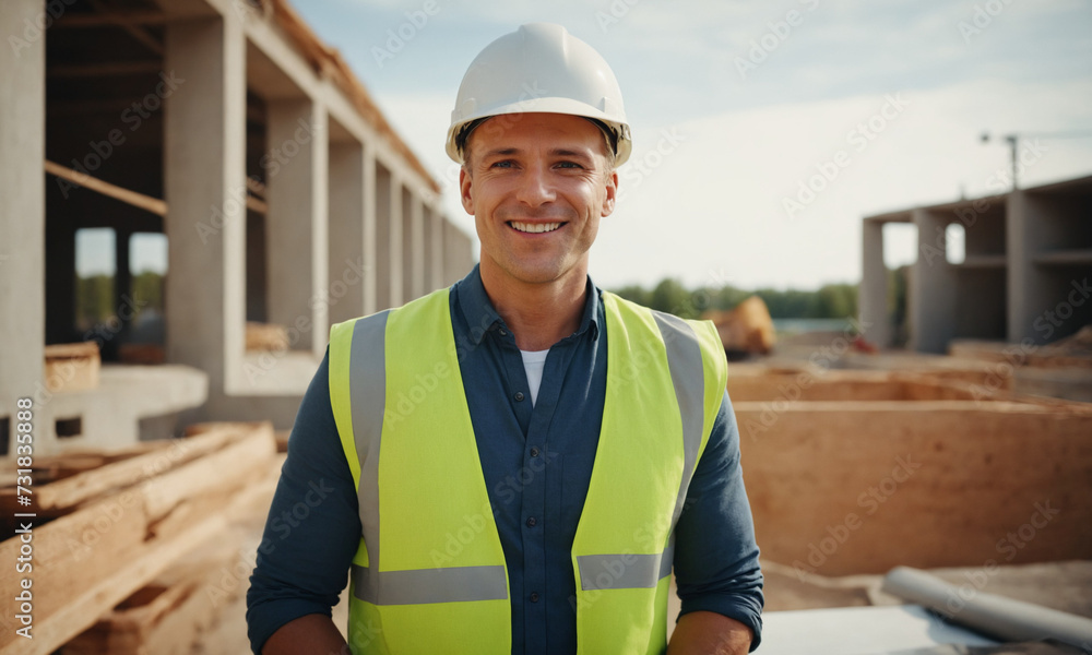 A male architect standing on a construction site with a helmet on his head. A male architect standing on a construction site with a helmet on his head.