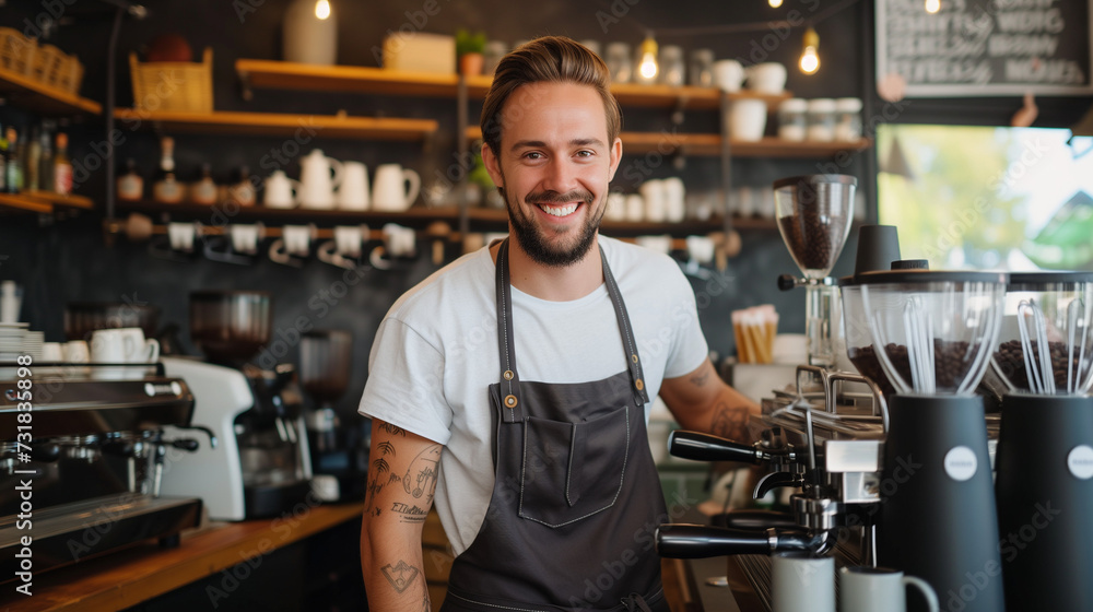 Barista at Work: A smiling man in a hipster-style apron, standing behind a modern coffee machine in a cozy café. Barista at Work: A smiling man in a hipster-style apron, standing behind a modern coffee machine in a cozy café.