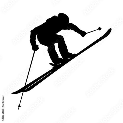 Silhouette ski jumps in the air black color only full body