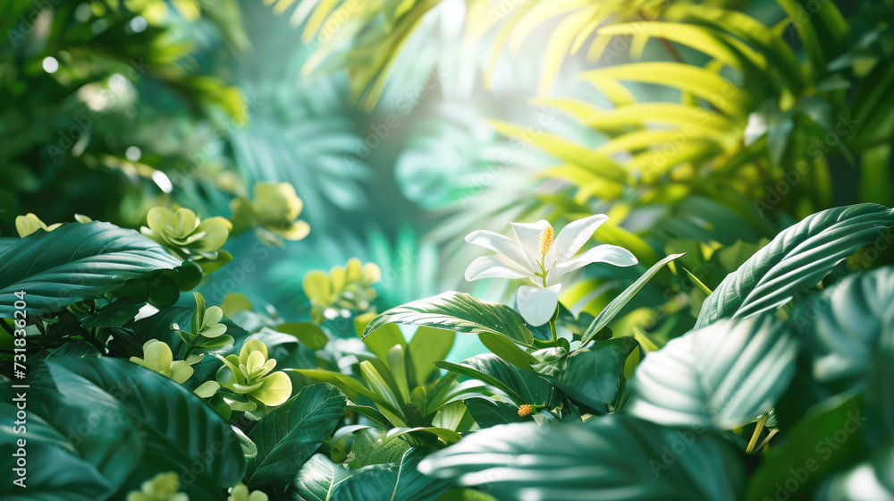Green nature background, leaves of tropical plants and flower in the sun. Green nature background, leaves of tropical plants and flower in the sun.