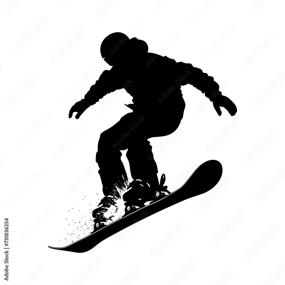 Silhouette snowboard jumps in the air black color only Silhouette snowboard jumps in the air black color only