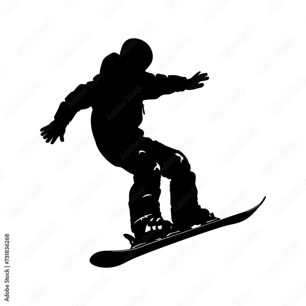 Silhouette snowboard jumps in the air black color only Silhouette snowboard jumps in the air black color only