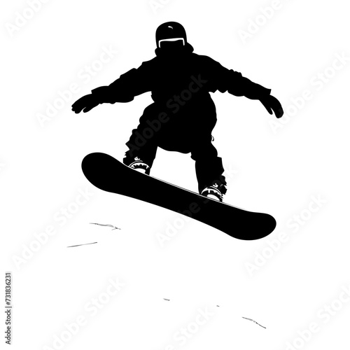 Silhouette snowboard jumps in the air black color only
