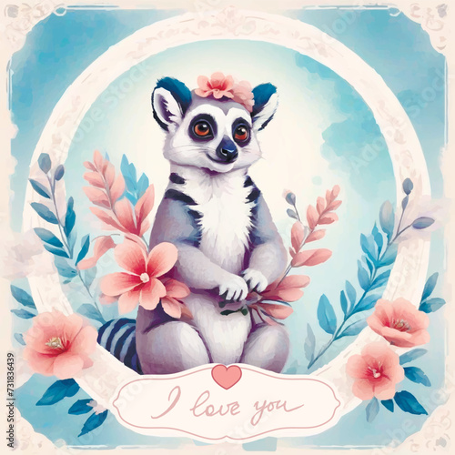Vector cute lemur illustration with flowers, blue sky watercolor style greeting card