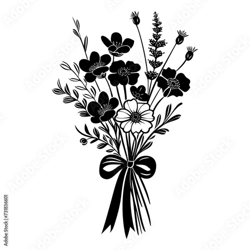 Silhouette spring flower bouquet tied with ribbon black color only