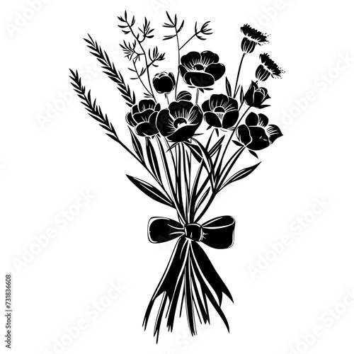 Silhouette spring flower bouquet tied with ribbon black color only
