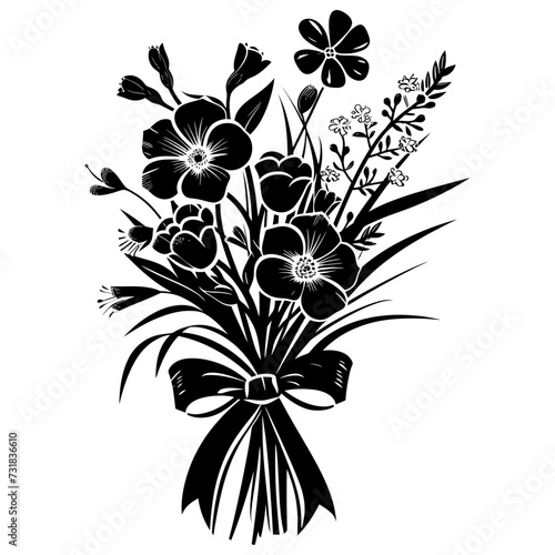 Silhouette spring flower bouquet tied with ribbon black color only