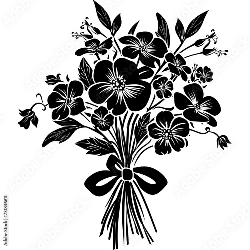 Silhouette spring flower bouquet tied with ribbon black color only