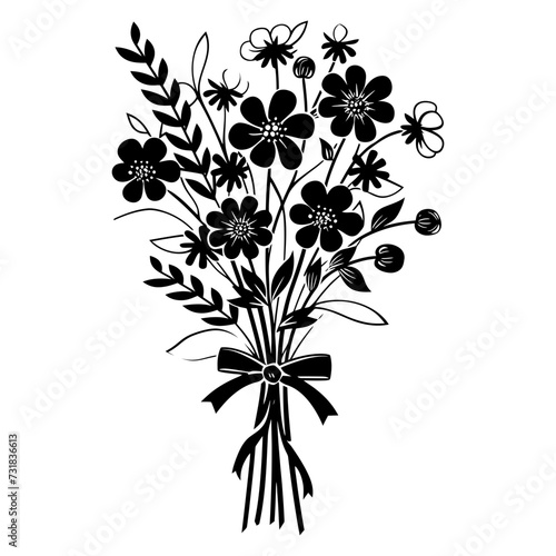 Silhouette spring flower bouquet tied with ribbon black color only