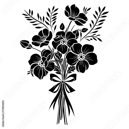 Silhouette spring flower bouquet tied with ribbon black color only