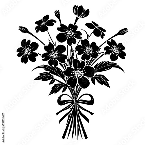 Silhouette spring flower bouquet tied with ribbon black color only