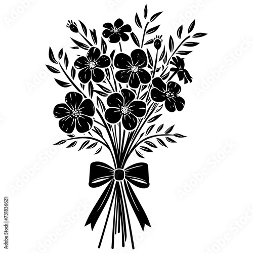 Silhouette spring flower bouquet tied with ribbon black color only