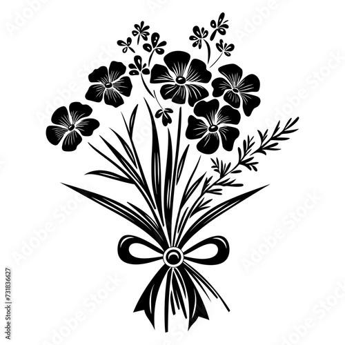 Silhouette spring flower bouquet tied with ribbon black color only