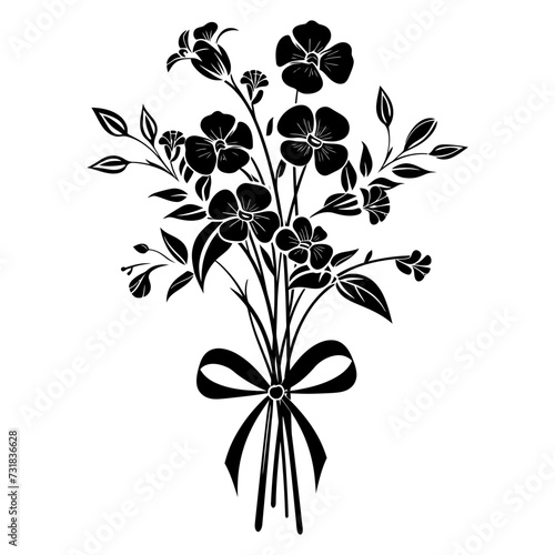 Silhouette spring flower bouquet tied with ribbon black color only