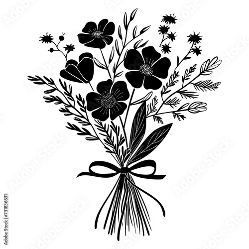 Silhouette spring flower bouquet tied with ribbon black color only