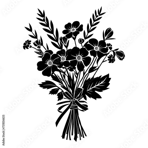 Silhouette spring flower bouquet tied with ribbon black color only