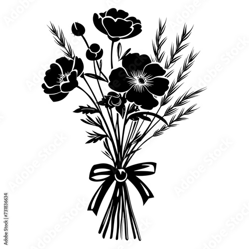 Silhouette spring flower bouquet tied with ribbon black color only