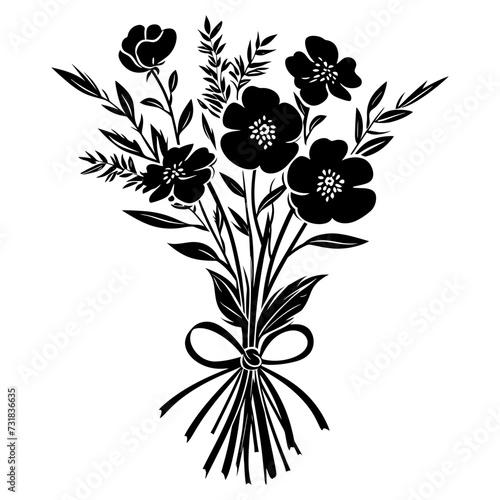 Silhouette spring flower bouquet tied with ribbon black color only