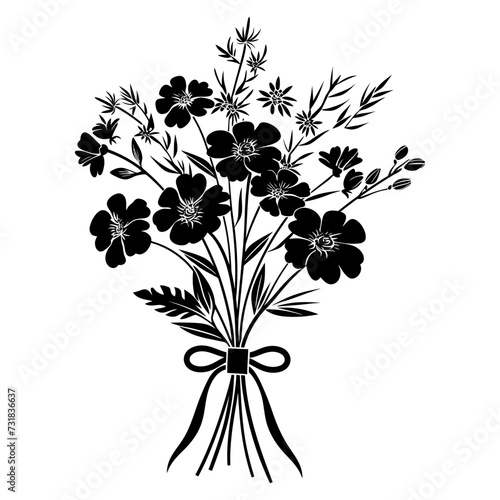 Silhouette spring flower bouquet tied with ribbon black color only