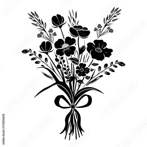 Silhouette spring flower bouquet tied with ribbon black color only