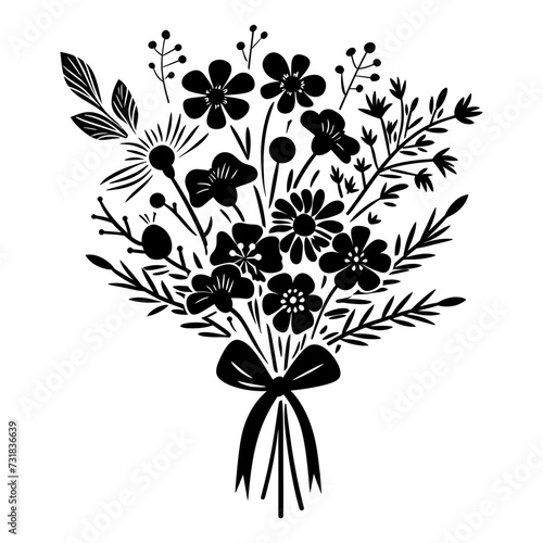 Silhouette spring flower bouquet tied with ribbon black color only