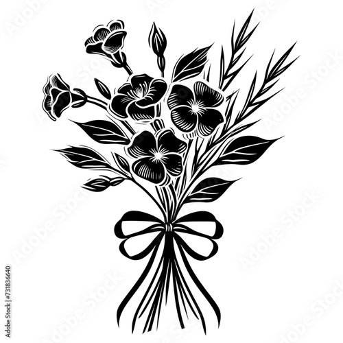Silhouette spring flower bouquet tied with ribbon black color only