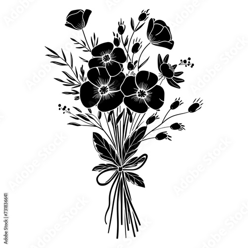 Silhouette spring flower bouquet tied with ribbon black color only